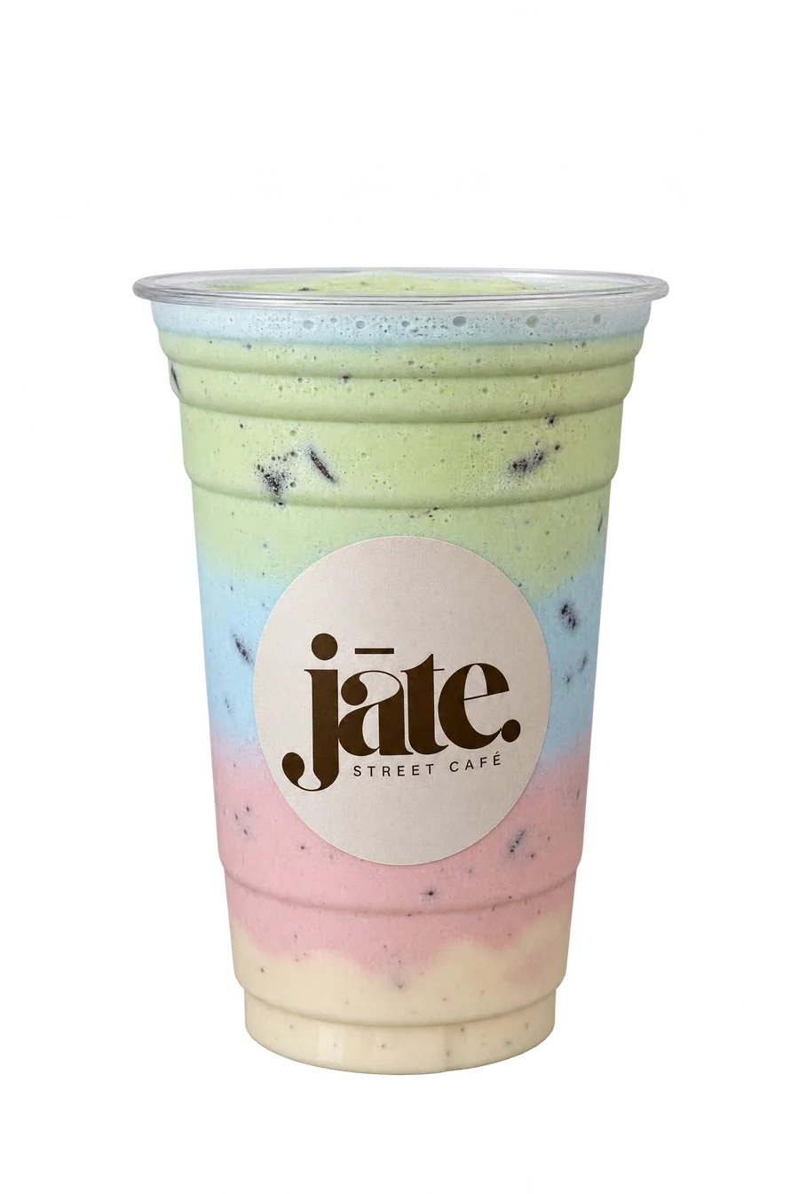Le Rainbow jāte : couches de matcha, de butterfly pea, de fraise et de mangue
